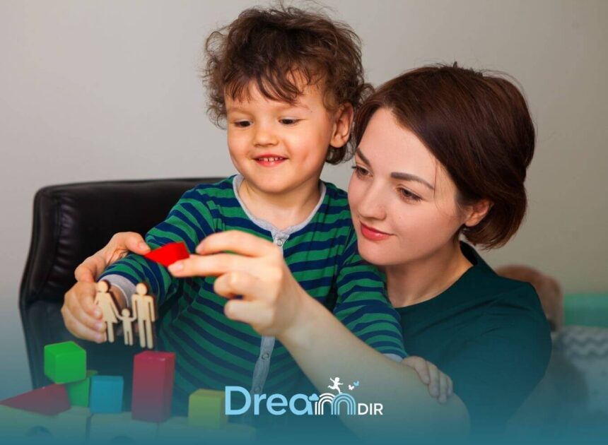 Therapist and autistic child playing with colorful blocks and shapes together, showing supportive learning and interaction at home