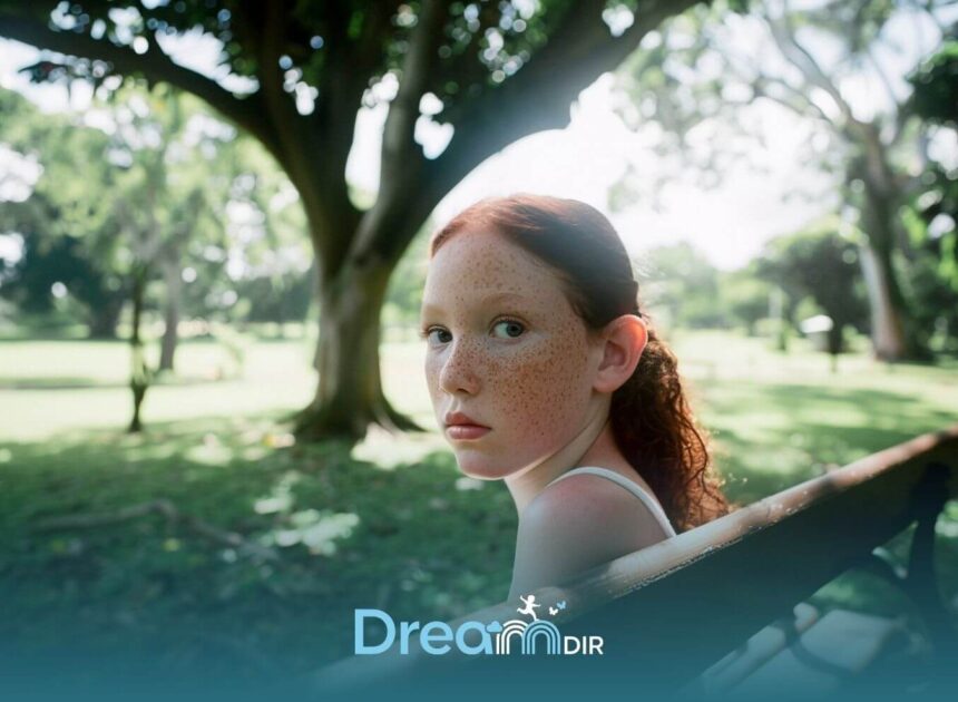 Autistic girl with freckles sitting on park bench, looking reflective in nature, representing emotional awareness.