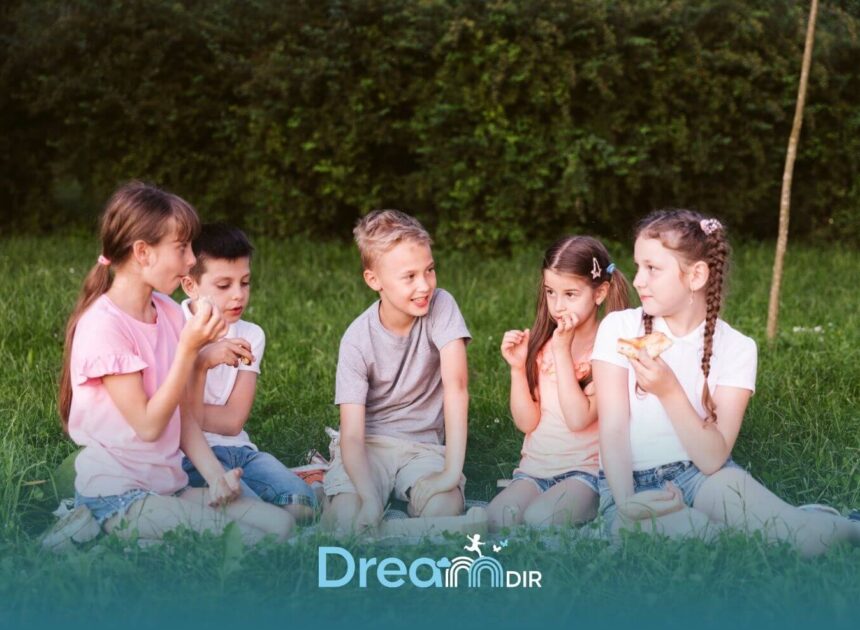 Group of autistic kids sitting on grass sharing snacks and interacting, representing social engagement and peer communication