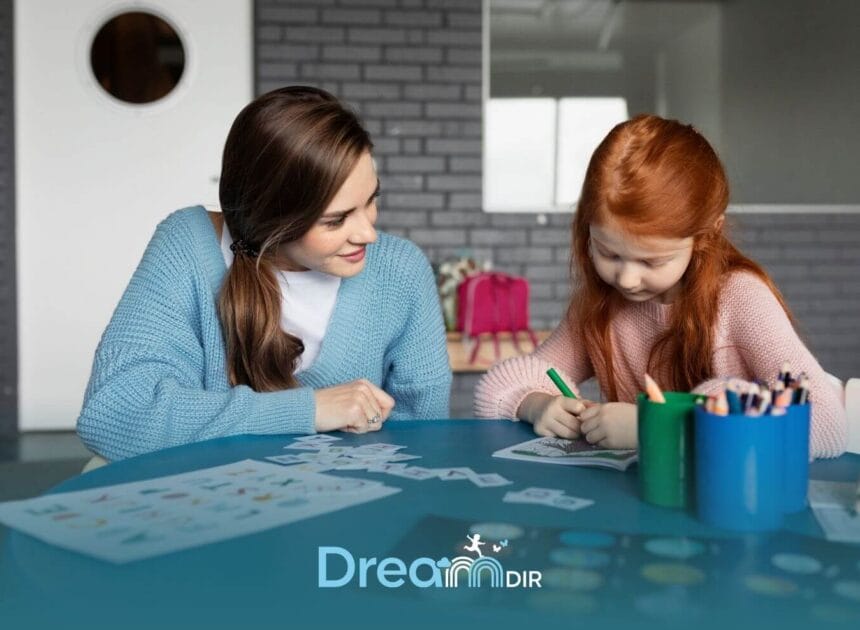 Therapist building rapport with an autistic child through creative drawing, educational games, and play-based interaction